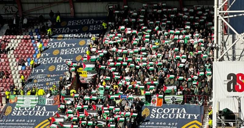 Celtic fans show Palestine support vs Hearts as away fans bring flags to Tynecastle