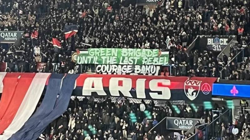 PSG ultras unveil a banner of support to Celtic’s Green Brigade after the Scottish champions banned the group over ‘unacceptable conduct’