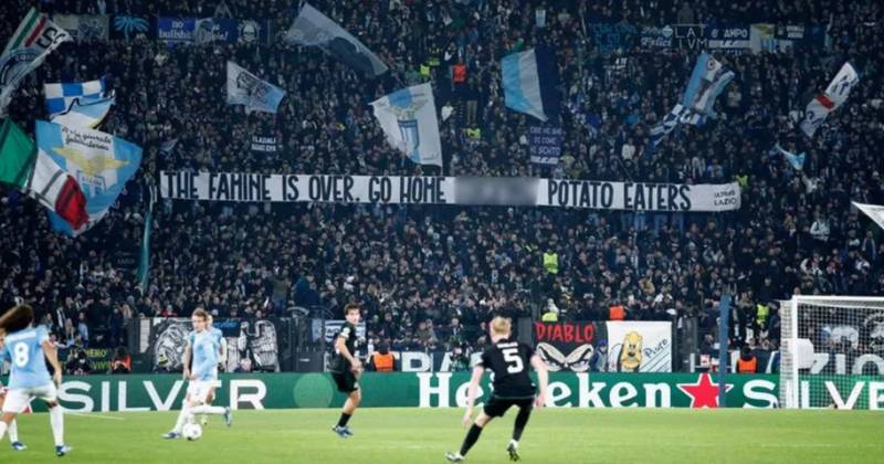 Anti-Irish banners mocking famine reading “Go home f***ing potato eaters” flown by Lazio fans during win over Celtic