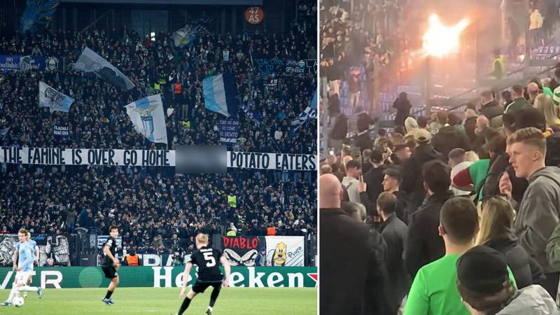 Celtic fans are goaded with racist and sectarian banners by Lazio’s ultras during Champions League clash in Rome. before fireworks are fired into the away end as tempers flare
