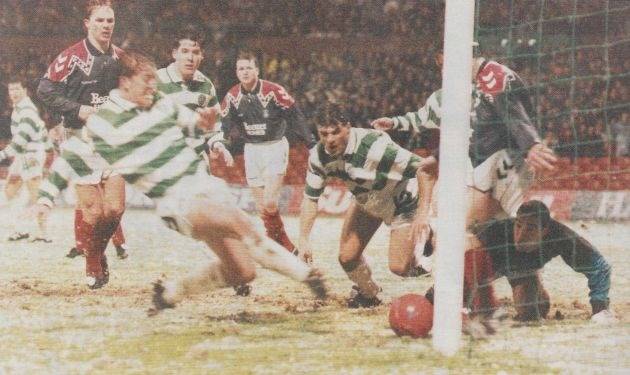 Celtic comeback against Falkirk on a wintry day, complete with an orange ball
