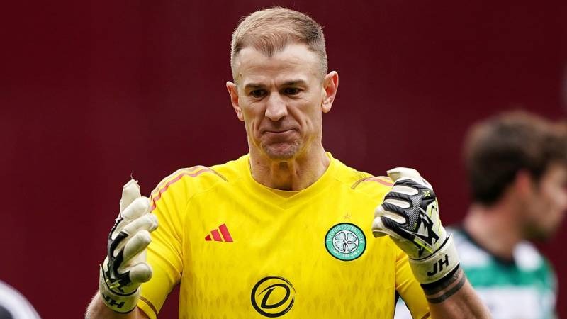 Joe Hart is DRAGGED away by Celtic team-mate after engaging in furious exchange with Hearts fans as critics fume the former England goalkeeper ‘should have been booked’